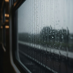 Close up view of raindrops falling down a train window during a rainy day travel