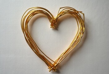 Golden heart outline made of thin wire on neutral linen fabric