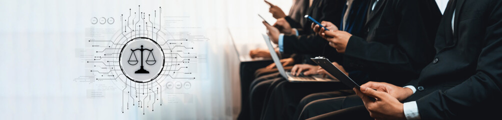 Business professionals collaborate in a modern office, using technology devices while symbols of...