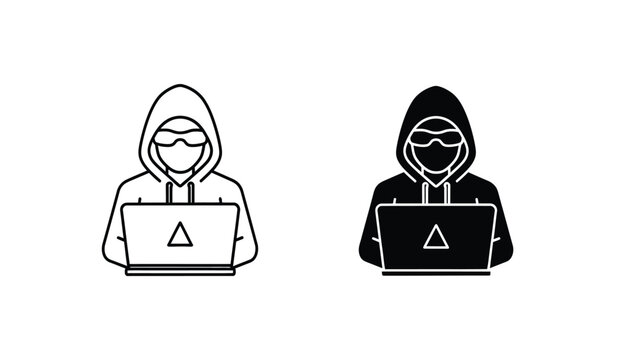 Two hooded hackers with laptops and warning signs on screens in black and white