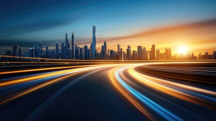 Bright trails of light from moving cars create a vibrant pattern against the backdrop of an illuminated urban skyline at night