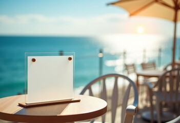 transparent sign mockup at seaside caf&eacute; terrace, ocean view, sunlight reflections, vacation mood