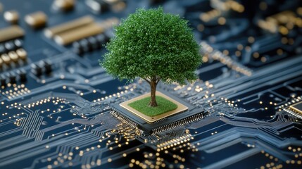 A tree emerges from a chip on a blue backdrop, symbolizing harmony between nature and tech, with vibrant colors and intricate details