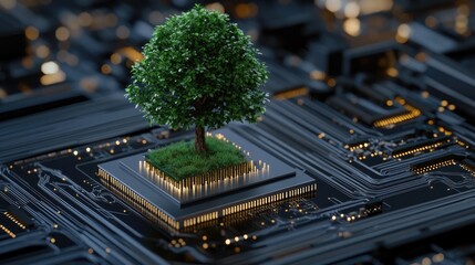 A tree emerges from a chip on a blue backdrop, symbolizing harmony between nature and tech, with vibrant colors and intricate details