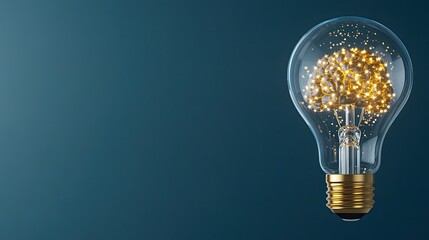 A brain-filled light bulb glows on a dark blue background, representing creativity, innovation, and the essence of AI