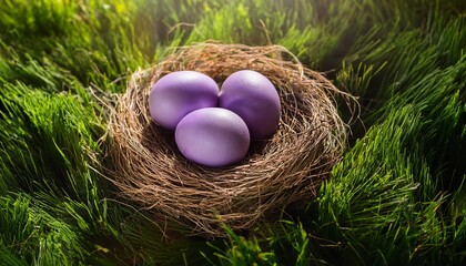 Obraz premium Three Purple Easter Eggs Lie In The Nest On The Green Grass