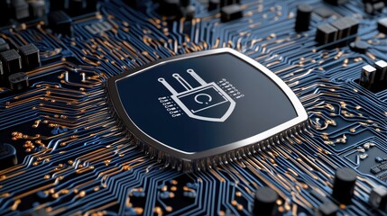 Shield icon surrounded by blue holographic elements showcases data technology symbols on a dark background, emphasizing information security