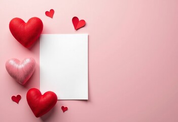 Valentine&rsquo;s Day greeting card mockup, blank card with heart decorations, clean background, copy space, minimal commercial style