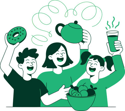 Happy friends sharing breakfast with donuts and tea, flat vector illustration