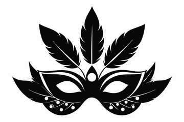 Stylized Carnival Mask Icon featuring Delicate Feathers, Black and White Graphic Design Element
