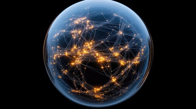 Wide-angle view of Earth at night reveals digital connections across cities, highlighting global technology and connectivity among people - Powered by Adobe