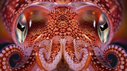 Extreme Macro Close-up of a Majestic Squid Face with Vibrant Chromatophores and Tentacles