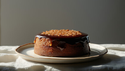 Simple homemade cake on ceramic plate, minimal styling, natural light, close-up, realistic food texture