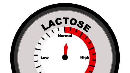 Lactose text with a barometer or tachometer-style gauge, illustrating varying levels of digestion efficiency and potential intolerance in individuals