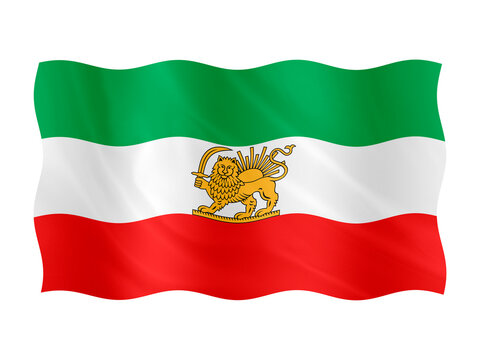 Digital composite. 

Flag of Iran with lion and sun waving with a fabric overlay. 

The flag with the lion and sun is associated with the present day opposition 