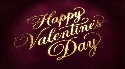 Happy Valentine's Day gold calligraphy text on dark red velvet background, luxury royal lettering greeting card, glitter typography for holiday banner, love celebration, romance, elegant texture.
