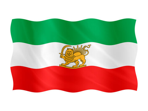 Digital composite. ..Flag of Iran with lion and sun waving with a fabric overlay. ..The flag with the lion and sun is associated with the present day opposition