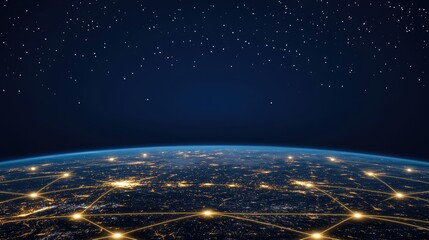 A vibrant urban landscape showcases a smart city at night, connected by glowing data networks and city lights under a starry sky