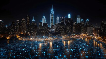 Skyscrapers rise against a darkening sky, illuminated by city lights while cars move swiftly on glowing highways below