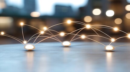 Concept showcases interconnected digital networks with a city skyline glowing in blue hues during the night, highlighting urban connectivity