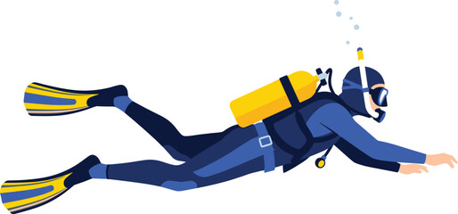 Scuba diver in blue wetsuit and yellow flippers swimming underwater diving © Riyaj Vector Valley