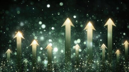 Dynamic glowing green arrows point upwards, representing growth and success in financial areas against a dark green backdrop