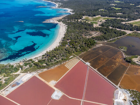 saline drying ponds seen from the air, Salinas de Savall , 4th century BC salt mine, Colonia de Sant Jordi, Ses Salines, Mallorca, Balearic Islands, Spain