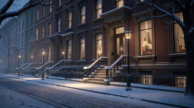 A quiet Gilded Age mansion row, late-1800s New York City style, viewed from the snowy street at blue hour. Tall brownstone façades rise in elegant symmetry, with wrought-iron railings, carved stone