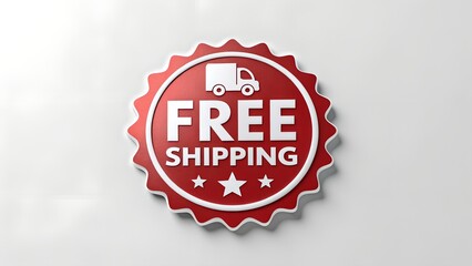 
red and white 3D sticker "FREE SHIPPING", small delivery icon, ecommerce badge style
