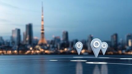 Aerial view highlights a modern city with digital network connections and floating map pins over buildings near a wide river