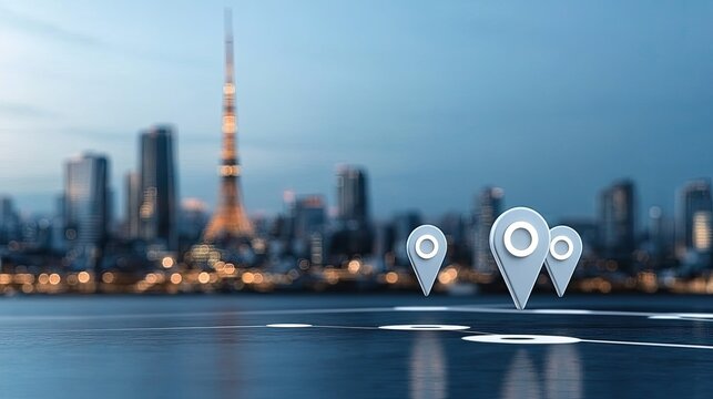 Aerial view highlights a modern city with digital network connections and floating map pins over buildings near a wide river - Powered by Adobe