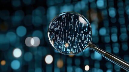 A magnifying glass examines blue binary code, illustrating the importance of data analysis in digital advertising and marketing research