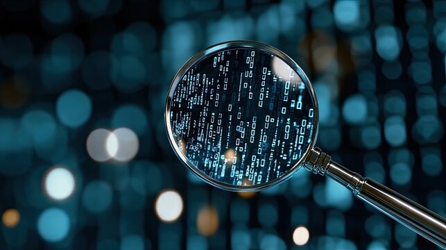 A magnifying glass examines blue binary code, illustrating the importance of data analysis in digital advertising and marketing research