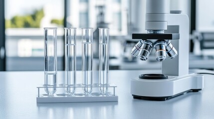 A microscope and clear test tubes with liquid are displayed on a laboratory table against a white background, highlighting scientific research.