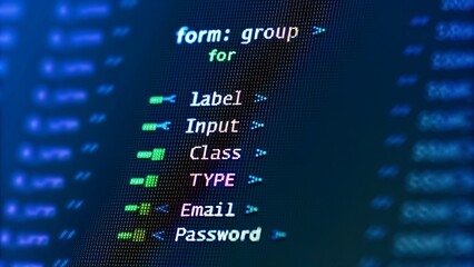 Programming computer code. Abstract visualization of coding. Digital background constructed with different symbols. 