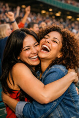 Fototapeta premium Two young women hugging at stadium, fans cheering and celebrating a win at the stadium, enjoying the excitement together.