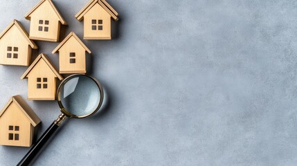 Magnifying glass highlights house icons on a grey background, representing a focused approach to real estate searches and opportunities available