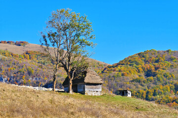 alte H&uuml;tte in herbstlicher Landschaft in den Karpaten von Rum&auml;nien, Dumesti, Alba in Siebenb&uuml;rgen - old hut in autumnal landscape in the Carpathians of Romania in Transylvania
