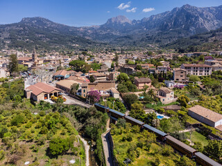 S&oacute;ller train station with the train arriving to the town, S&oacute;ller, Natural area of the Serra de Tramuntana., Mallorca, Balearic Islands, Spain