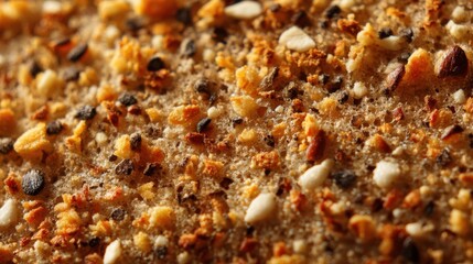 Close-up of crunchy multigrain bread texture with seeds and nuts for healthy eating and culinary design