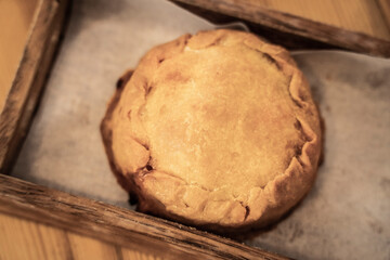 Easter empanada with artichokes, peas, sobrasada, and Mallorcan Camaiot, Vida Meva restaurant, Palma, Mallorca, Balearic Islands, Spain