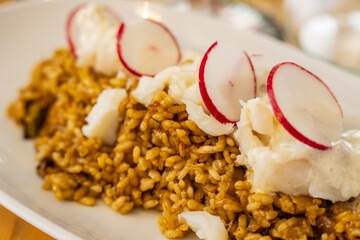 Dry cod, cauliflower, and spring garlic rice, Vida Meva restaurant, Palma, Mallorca, Balearic Islands, Spain