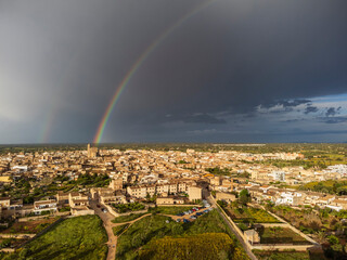 rainbow over the town of Llucmajor, Llucmajor, Mallorca, Balearic Islands, Spain