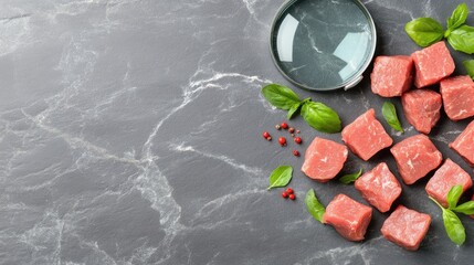 Close-up view of red fractal spores through a magnifying glass on meat surrounded by grilled kebabs and lemons for a colorful presentation