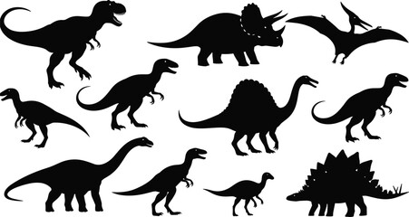 Set of prehistoric dinosaur silhouettes including T-Rex, Triceratops, and Stegosaurus icons, cad drawing flat vector illustration for ancient wildlife education design © mstHasina