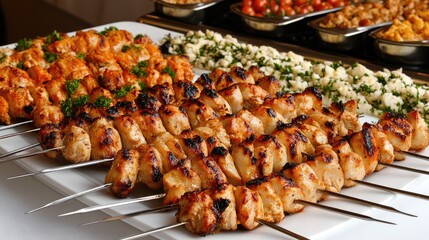 Close-up of grilled chicken shish kebab on a white platter, showcasing traditional Middle Eastern cuisine often enjoyed at weddings