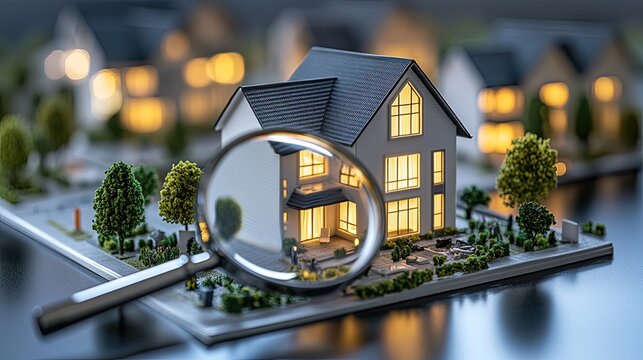 Real estate agent inspects a house model using a magnifying glass to identify potential investment opportunities in the property market