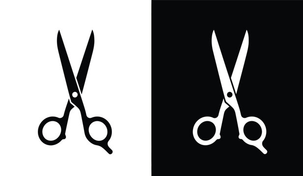 Black and white scissors icons on contrasting backgrounds for cutting and editing