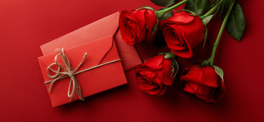 Red Roses and Gift Envelope on Crimson Background for Valentine&rsquo;s Day
