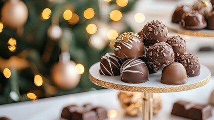 Assorted luxury chocolates are arranged beautifully, showcasing pralines, truffles, and dark chocolate candies in a refined setting